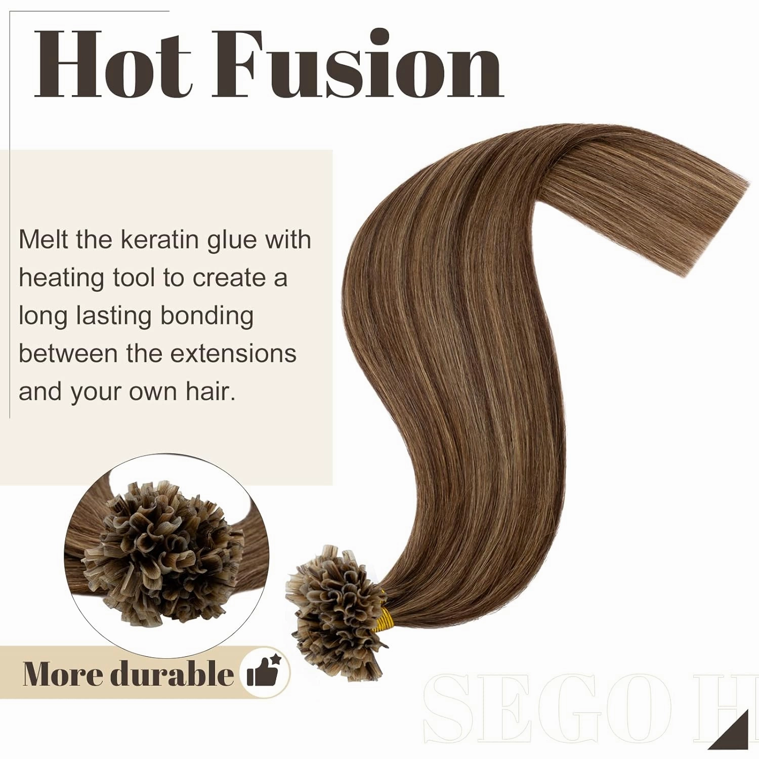 SEGO U Tip Hair Extensions - 100 Strands, 100% Remy Human Hair, Silky Straight, Keratin Fusion Pre-Bonded, #4P27 Medium Brown mix Dark Blonde, 18 inches, 50g