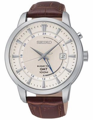 Seiko Mens Kinetic GMT Watch - White Dial - Stainless Steel Case - Leather Strap
