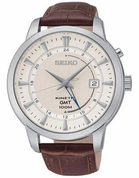 Seiko Mens Kinetic GMT Watch - White Dial - Stainless Steel Case - Leather Strap