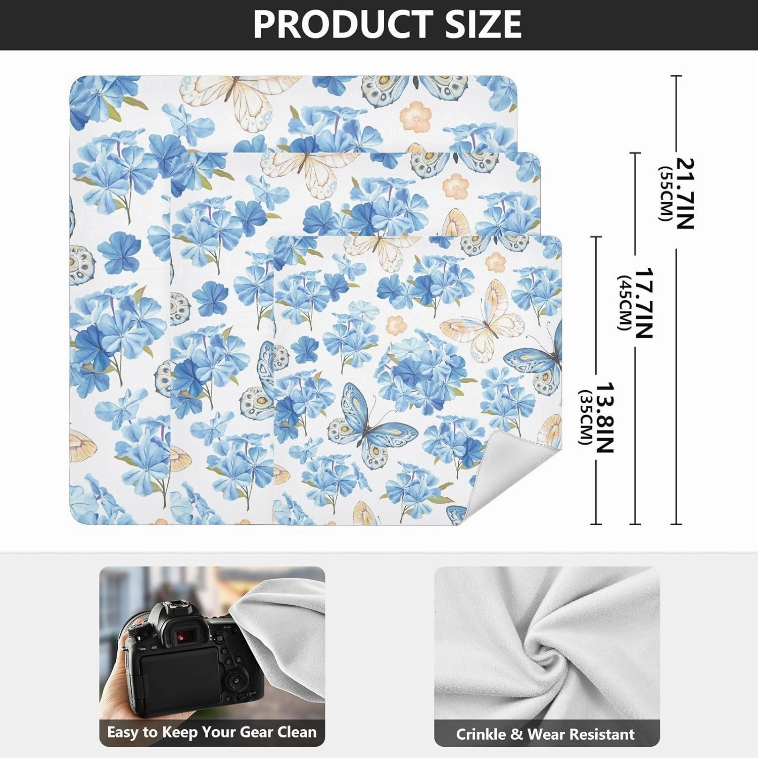 Self-Adhesive Magic Cloth Makeup Bag 21.7 Inch Protective Camera Lens Wrap Multifunctional Magic Storage Cloth Blue Butterfly Flower