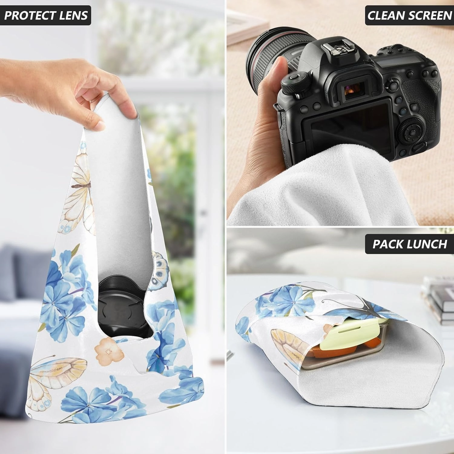 Self-Adhesive Magic Cloth Makeup Bag 21.7 Inch Protective Camera Lens Wrap Multifunctional Magic Storage Cloth Blue Butterfly Flower