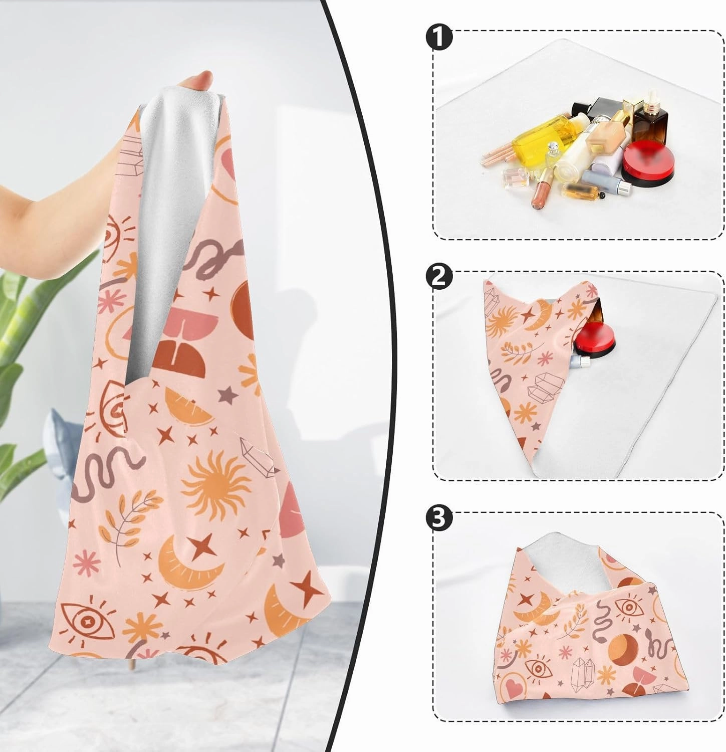 Self-Adhesive Magic Cloth Makeup Bag 21.7 Inch Protective Camera Lens Wrap Multifunctional Magic Storage Cloth Boho Moon Eye Leaves