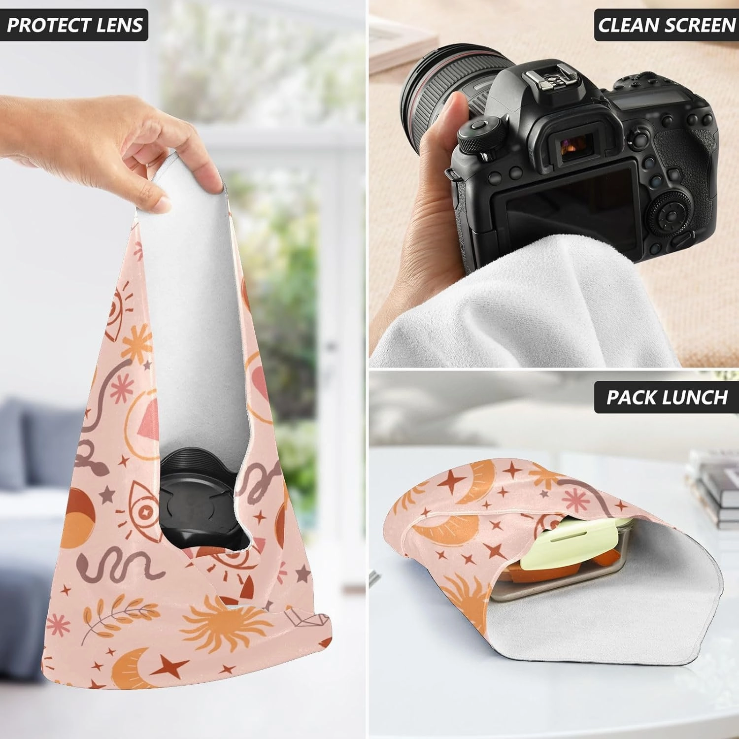 Self-Adhesive Magic Cloth Makeup Bag 21.7 Inch Protective Camera Lens Wrap Multifunctional Magic Storage Cloth Boho Moon Eye Leaves