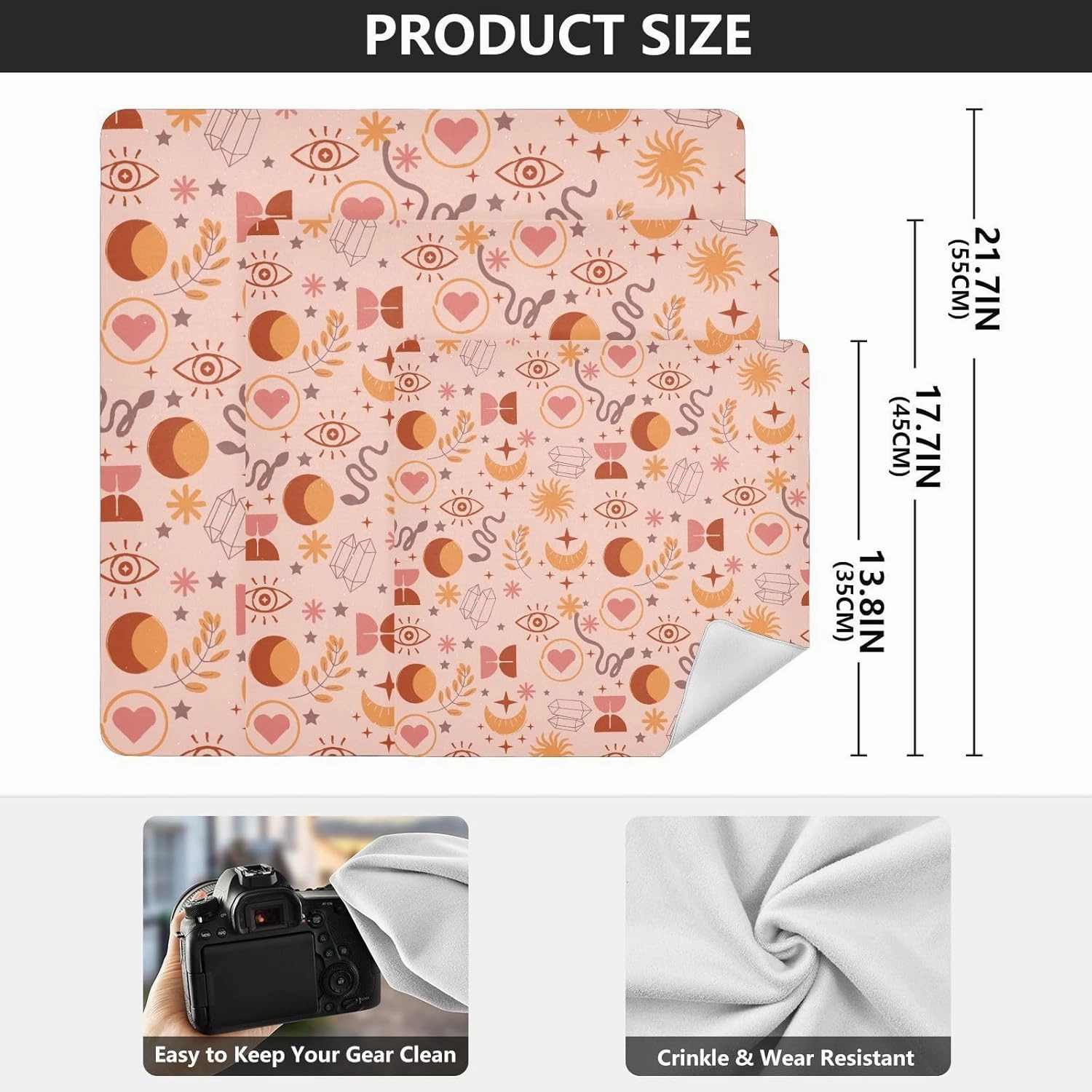 Self-Adhesive Magic Cloth Makeup Bag 21.7 Inch Protective Camera Lens Wrap Multifunctional Magic Storage Cloth Boho Moon Eye Leaves