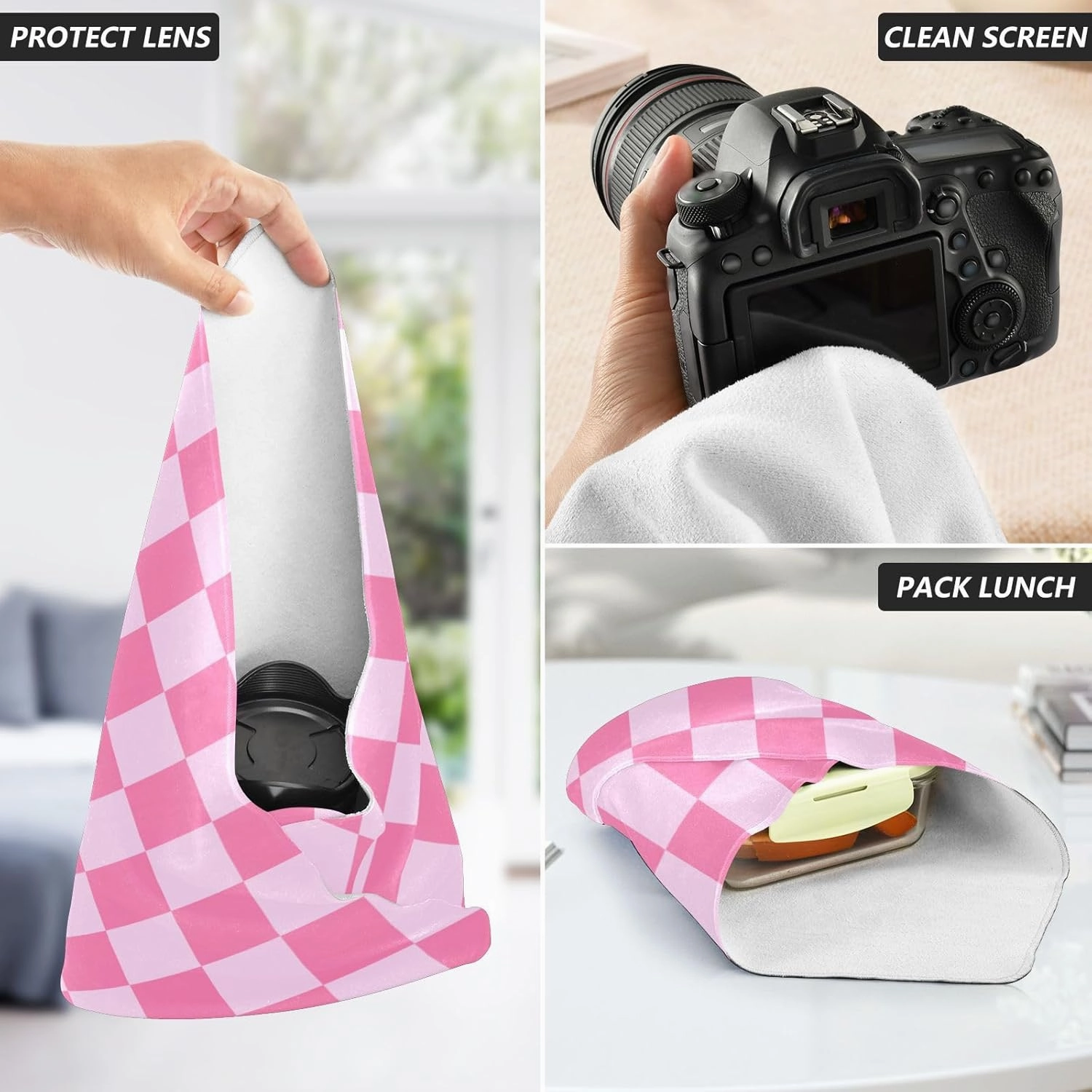 Self-Adhesive Magic Cloth Makeup Bag 21.7 Inch Protective Camera Lens Wrap Multifunctional Magic Storage Cloth Checkered Pink