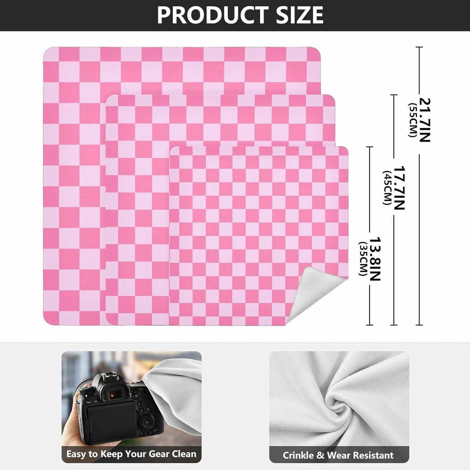 Self-Adhesive Magic Cloth Makeup Bag 21.7 Inch Protective Camera Lens Wrap Multifunctional Magic Storage Cloth Checkered Pink