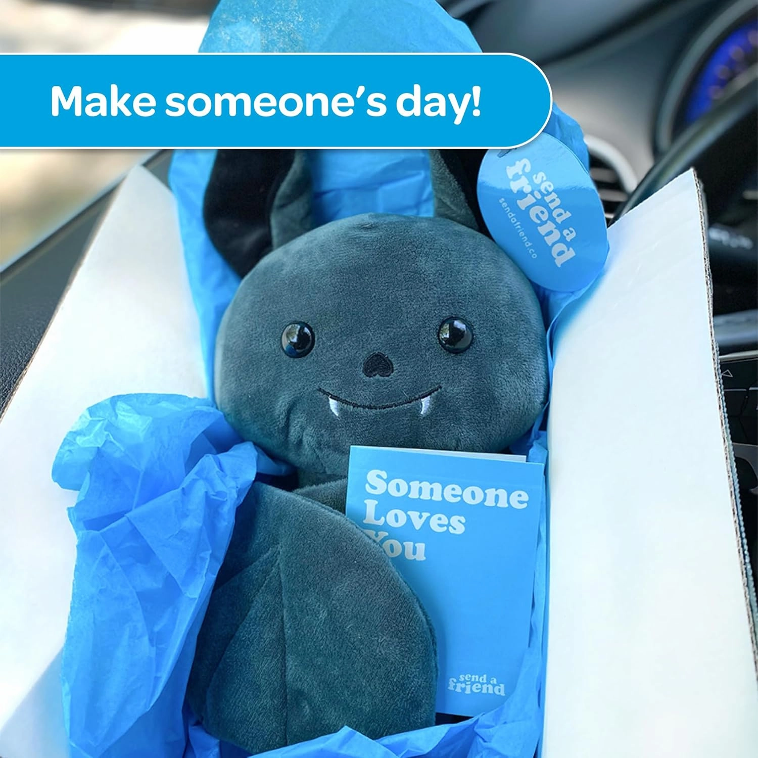 SendAFriend Binks The Bat Stuffed Animal Care Package, Someone Loves You Box, Great Gift for Any Reason (Miss You Notecard)