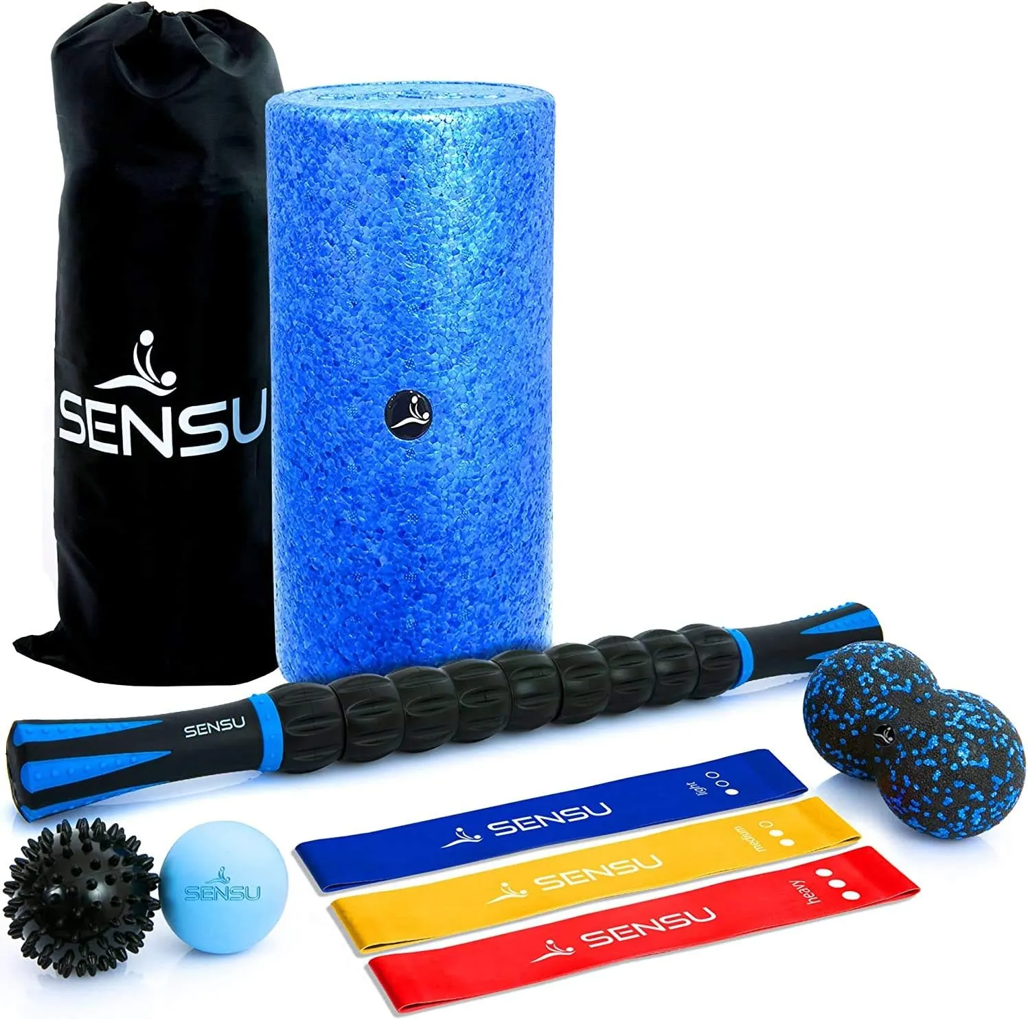 Sensu 9-in-1 Foam Roller Set – Muscle Roller Set Includes Peanut Ball, 3 Resistance Bands, Massage Roller Stick, Lacrosse Ball, and Spikey Ball for Deep-Tissue Massage and Myofascial Relief