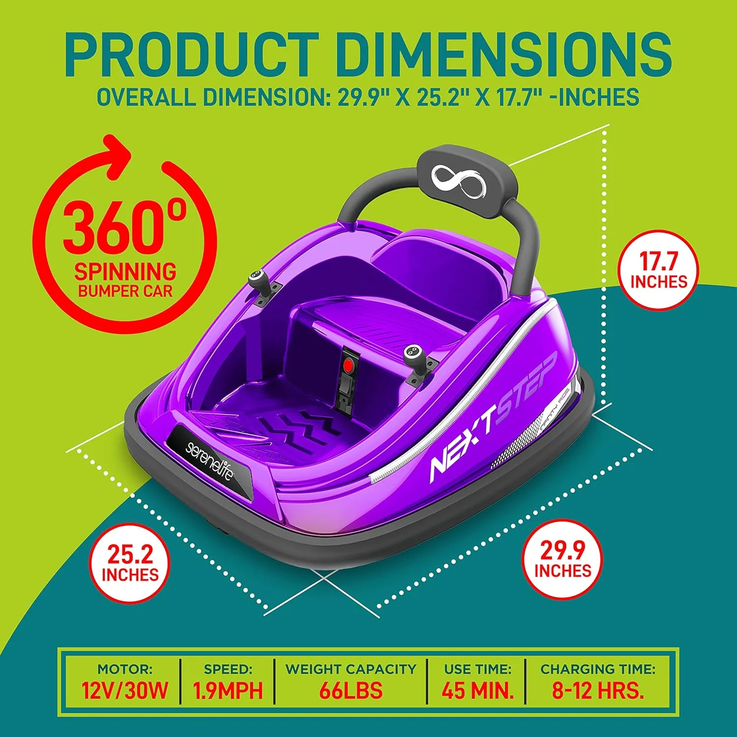 SereneLife Electric Bumper Car for Kids - 12V Rechargeable Battery Powered Ride On for Toddlers w/ 2 Driving Modes, Safety Belt, Remote Control, LED Lights, 360 Degree Spin, Dual Joystick (Purple)