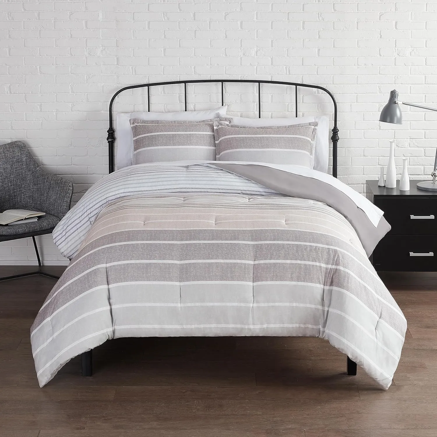 Serta Simply Clean Conrad Soft Modern Textured 3 Piece Striped Comforter Set with Pillow Case for All Season, Full/Queen, Natural
