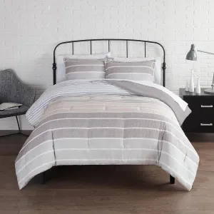 Serta Simply Clean Conrad Soft Modern Textured 3 Piece Striped Comforter Set with Pillow Case for All Season, Full/Queen, Natural