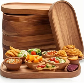 Serving Platters and Trays,Acacia Wood Serving Tray Set of 6, Wooden Trays for Food or Desserts