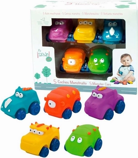 Set of 5 soft rubber monster cars in two colours blue, orange, purple, yellow and green, wheels on any surface, easy and secure grip