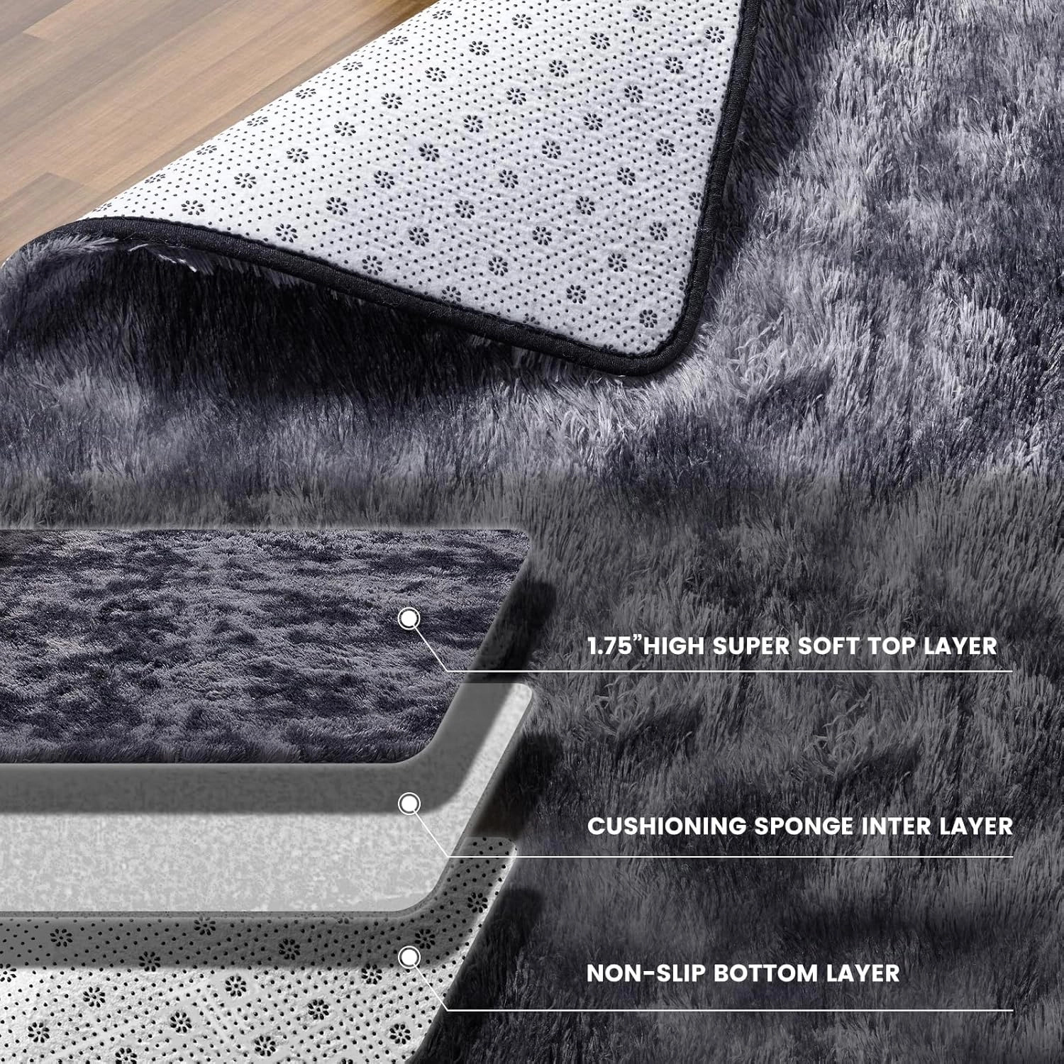 Shag Area Rugs for Living Room 5x7 Feet, Upgrade Anti-Skid Rectangular Cozy Rug, Indoor Floor Carpet for Kids Boys Girls Dorm Bedroom Playroom, Home Decor Aesthetic, Tie-Dyed Dark Gray