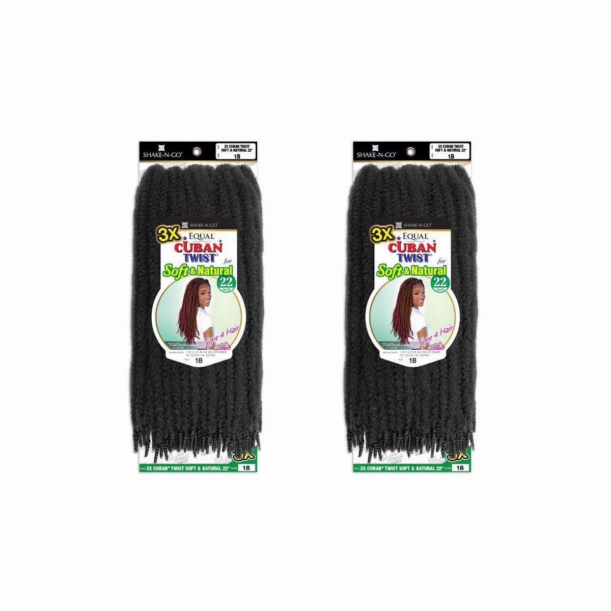 SHAKE-N-GO 3x Cuban Twist Soft & Natural 22" (2-PACK) (JET BLACK 1)