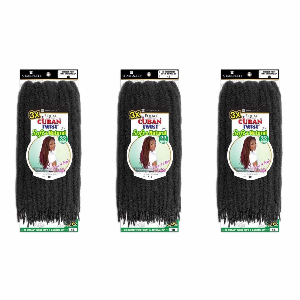 SHAKE-N-GO 3x Cuban Twist Soft & Natural 22" (3-PACK) (JET BLACK 1)