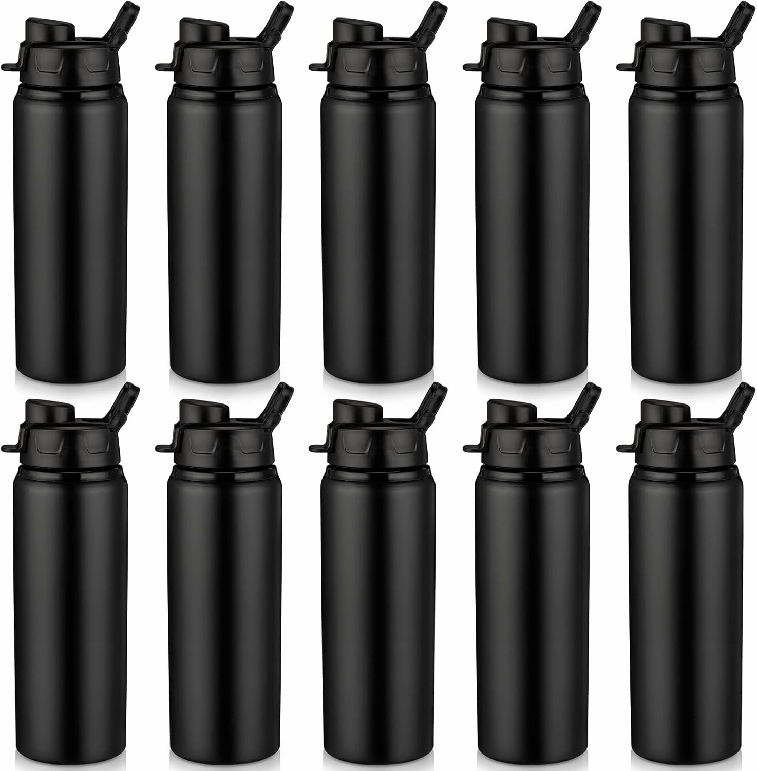 Shellwei 10 Pcs Aluminum Metal Water Bottles Bulk 24 oz Lightweight Leak Proof Sports Water Bottle with Snap Lid Reusable Bottle for Travel Camping Hiking(Black)