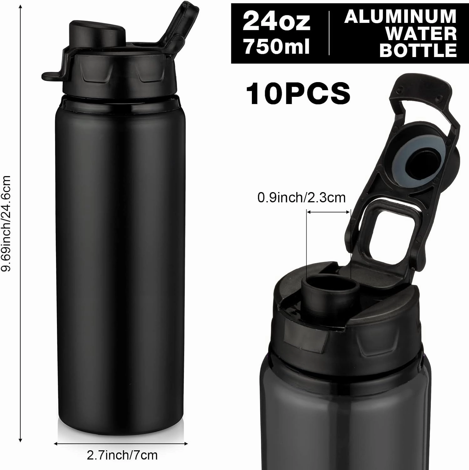 Shellwei 10 Pcs Aluminum Metal Water Bottles Bulk 24 oz Lightweight Leak Proof Sports Water Bottle with Snap Lid Reusable Bottle for Travel Camping Hiking(Black)
