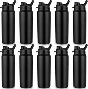 Shellwei 10 Pcs Aluminum Metal Water Bottles Bulk 24 oz Lightweight Leak Proof Sports Water Bottle with Snap Lid Reusable Bottle for Travel Camping Hiking(Black)