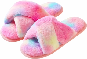 Shoeslocker Girls Cross Band Open Toe Tie Dye Plush House Slippers Nonslip Casual Slippers