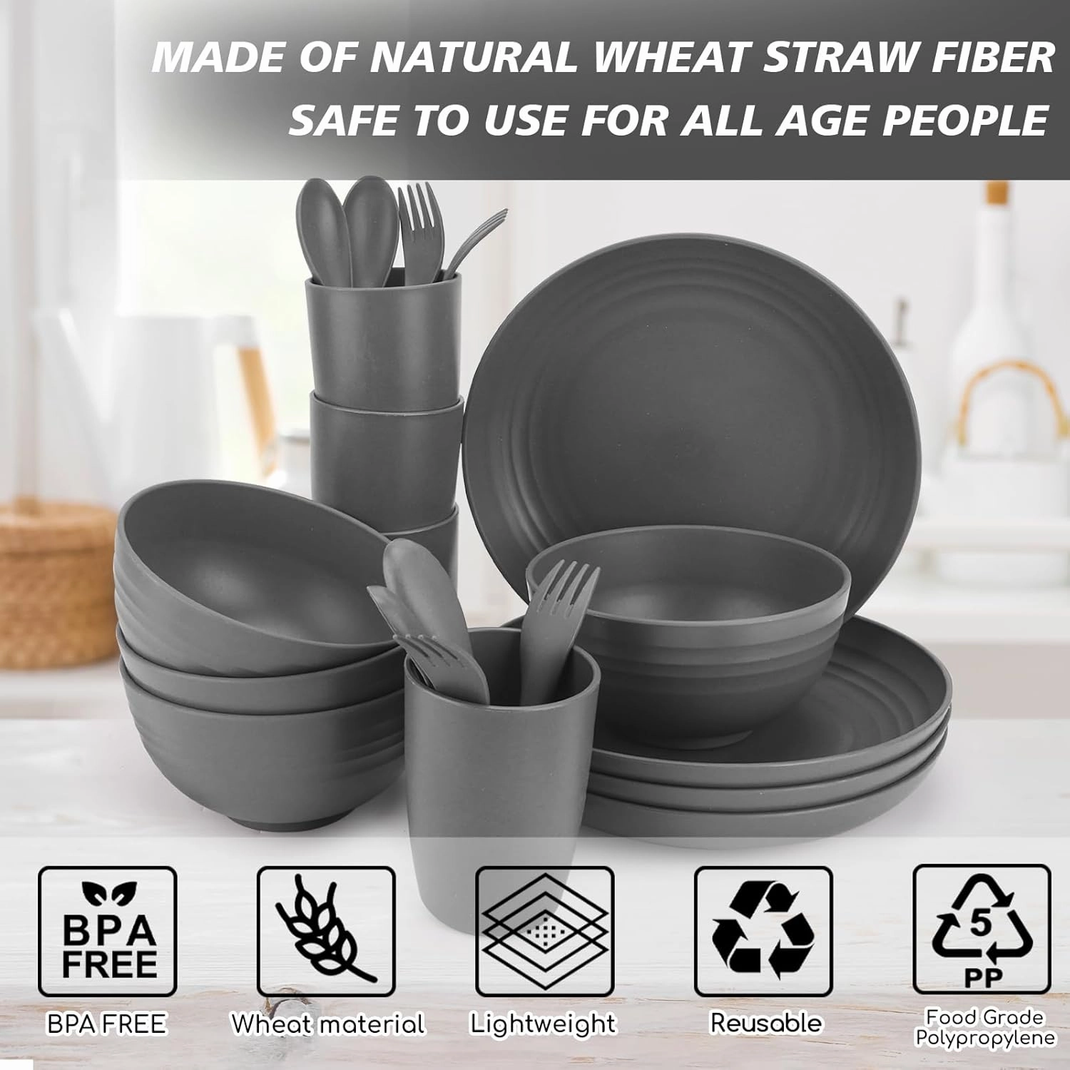 Shopwithgreen Wheat Straw Dinnerware Sets for 4, 20 PCS Unbreakable Plates and Bowls Sets, Reusable Dinner Dishes Set, Bowls, Cups, Plates for Camping, Kitchen, RV, Dorm, Dishwasher Microwave Safe