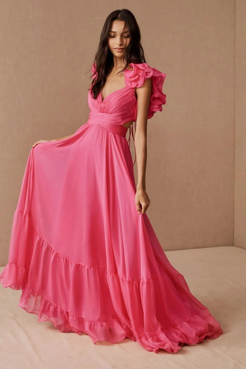 SHSUREVE Chiffon Ruffle Prom Dresses Long for Women A Line Bridesmaid Dresses Tiered Backless Formal Evening Gowns