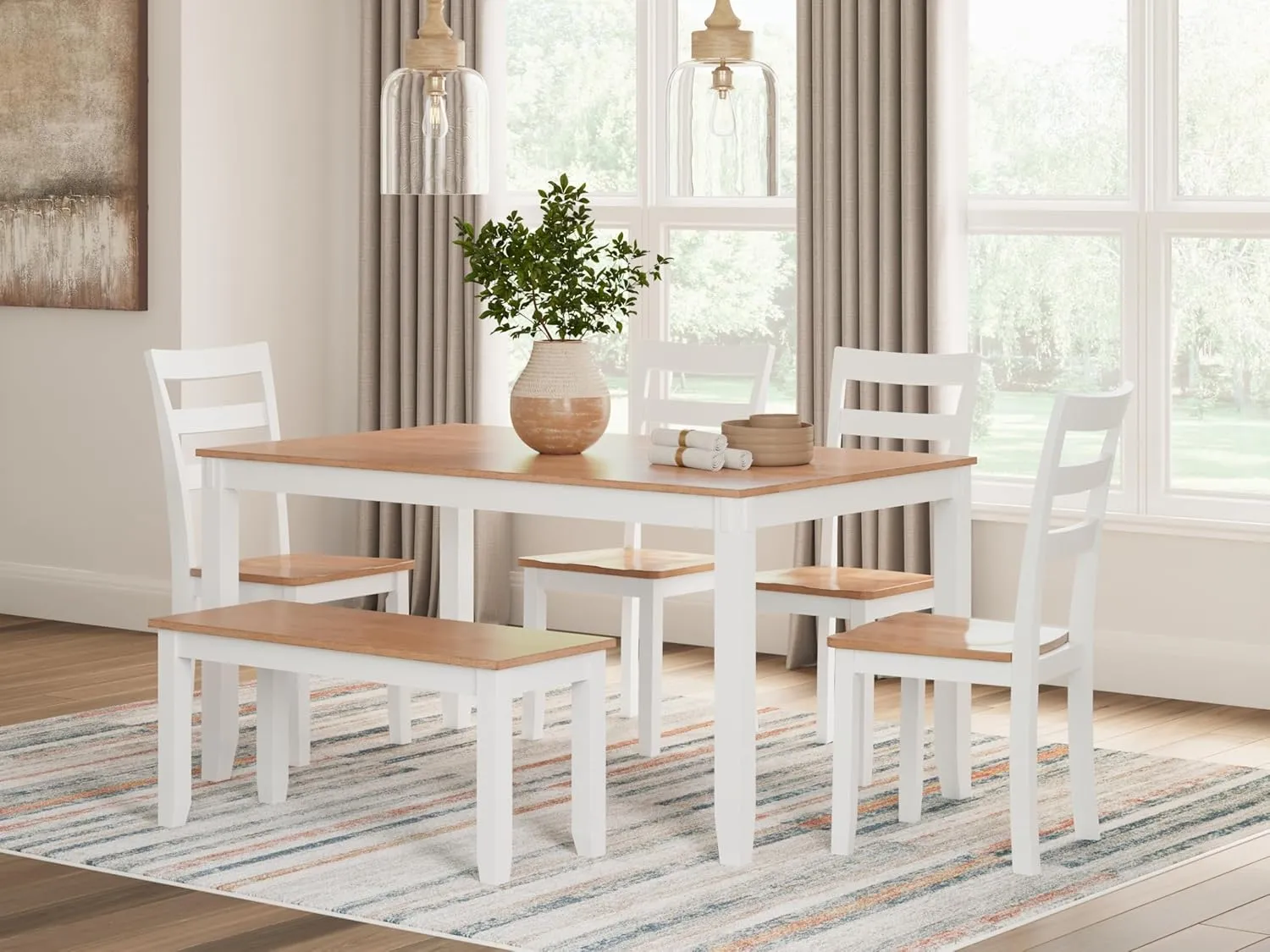 Signature Design by Ashley Gesthaven Modern Dining Table with 4 Chairs and Bench, Set of 6, White & Light Brown