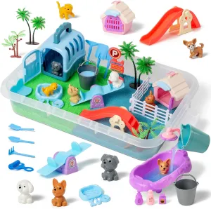 sikmcle 36 PCS Pet Sensory Bin with 2 Color of Moldable Sensory Sand,Pet Play Set and Sandbox with Lid,Pet Care Play Set for Kids Best Christmas Birthday Gift for Boys Girls 3 4 5 6 7 Year Old
