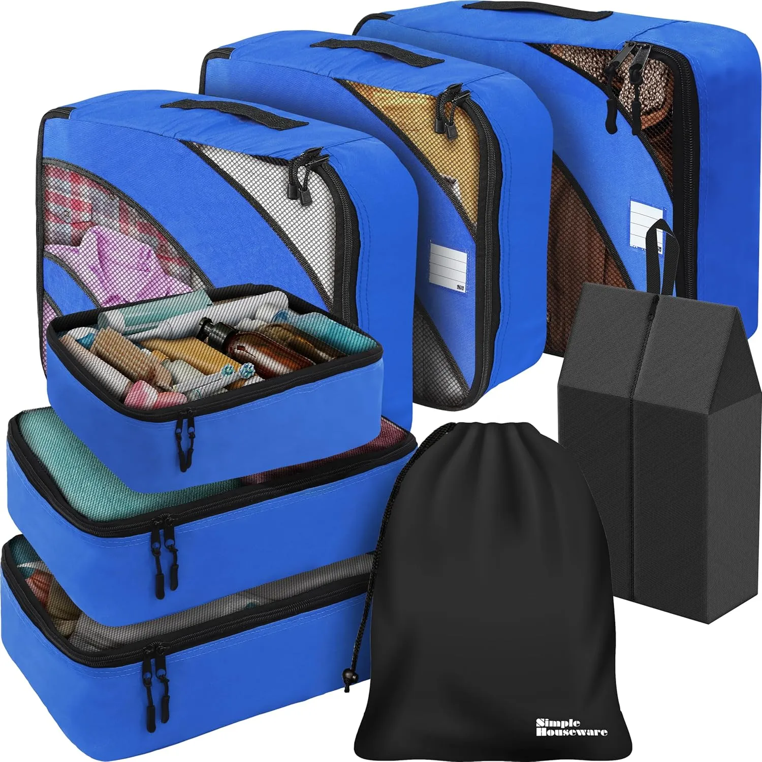 Simple Houseware 8-Set Packing Cubes for Travel, Luggage Organizer with Laundry Bag, Shoe Bag & Clear Pocket Label, Blue