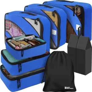 Simple Houseware 8-Set Packing Cubes for Travel, Luggage Organizer with Laundry Bag, Shoe Bag & Clear Pocket Label, Blue