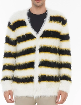 SINAR Men's Casual Fuzzy Cardigan Sweater Long Sleeve Soft Striped Knitwear Winter Warm Cardigan Knitted Sweater