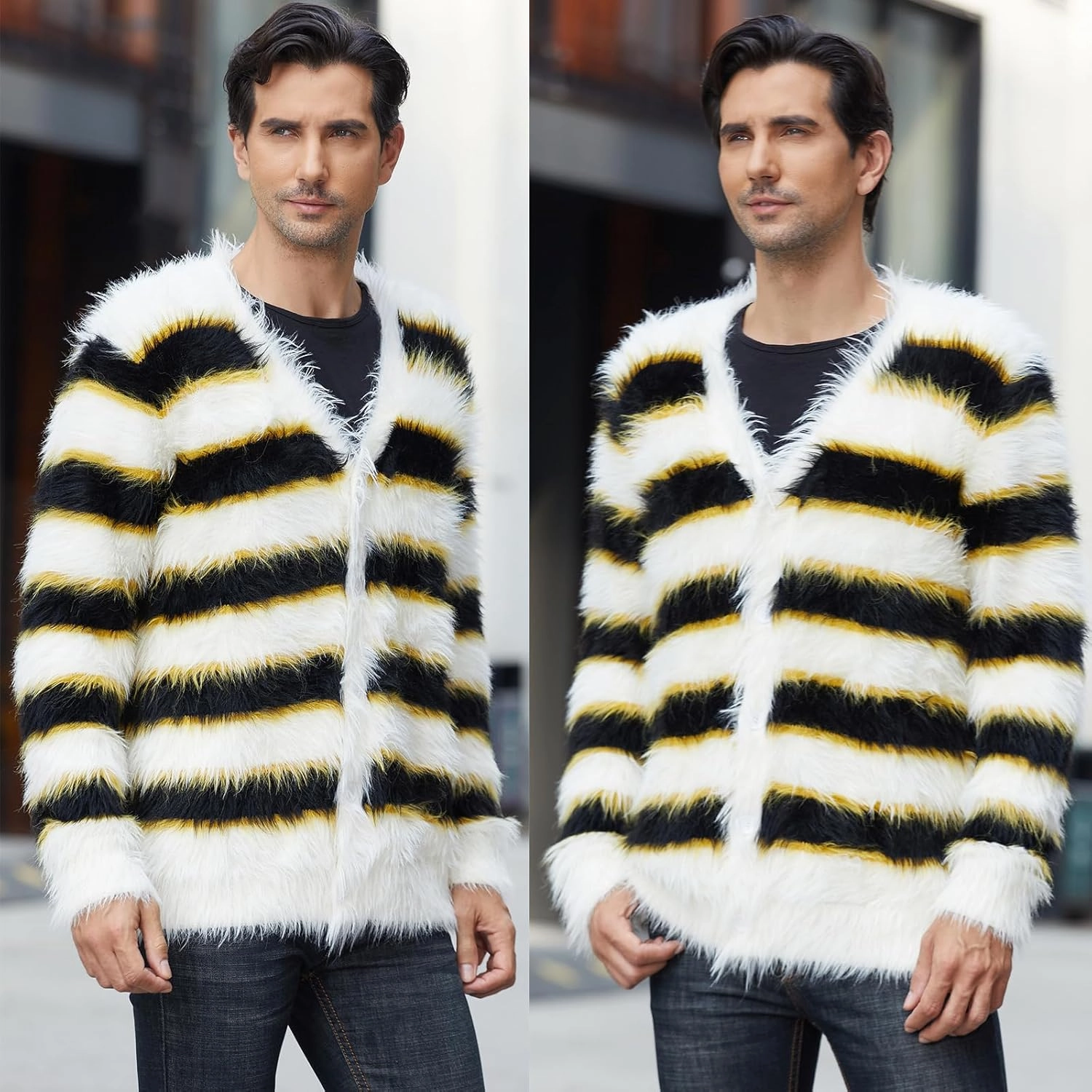 SINAR Men's Casual Fuzzy Cardigan Sweater Long Sleeve Soft Striped Knitwear Winter Warm Cardigan Knitted Sweater
