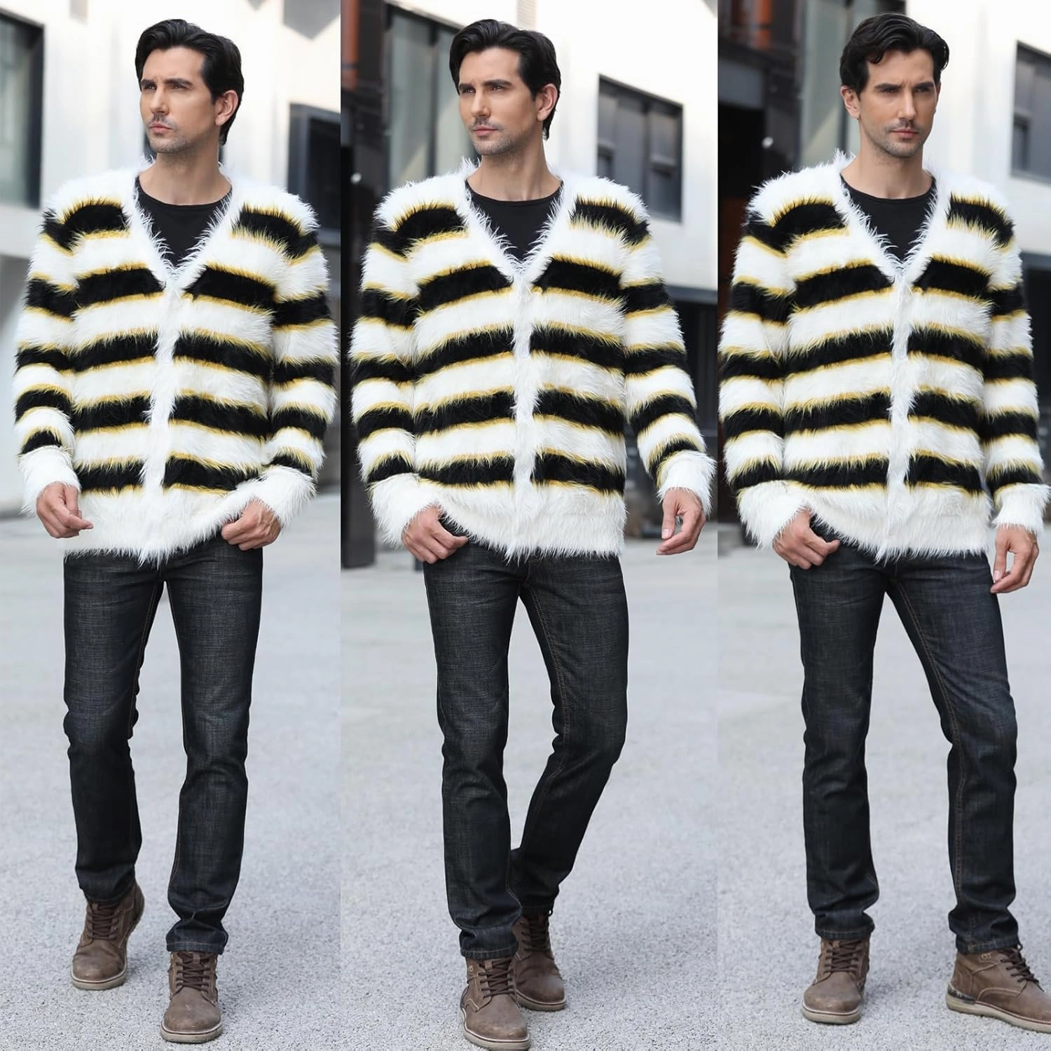 SINAR Men's Casual Fuzzy Cardigan Sweater Long Sleeve Soft Striped Knitwear Winter Warm Cardigan Knitted Sweater