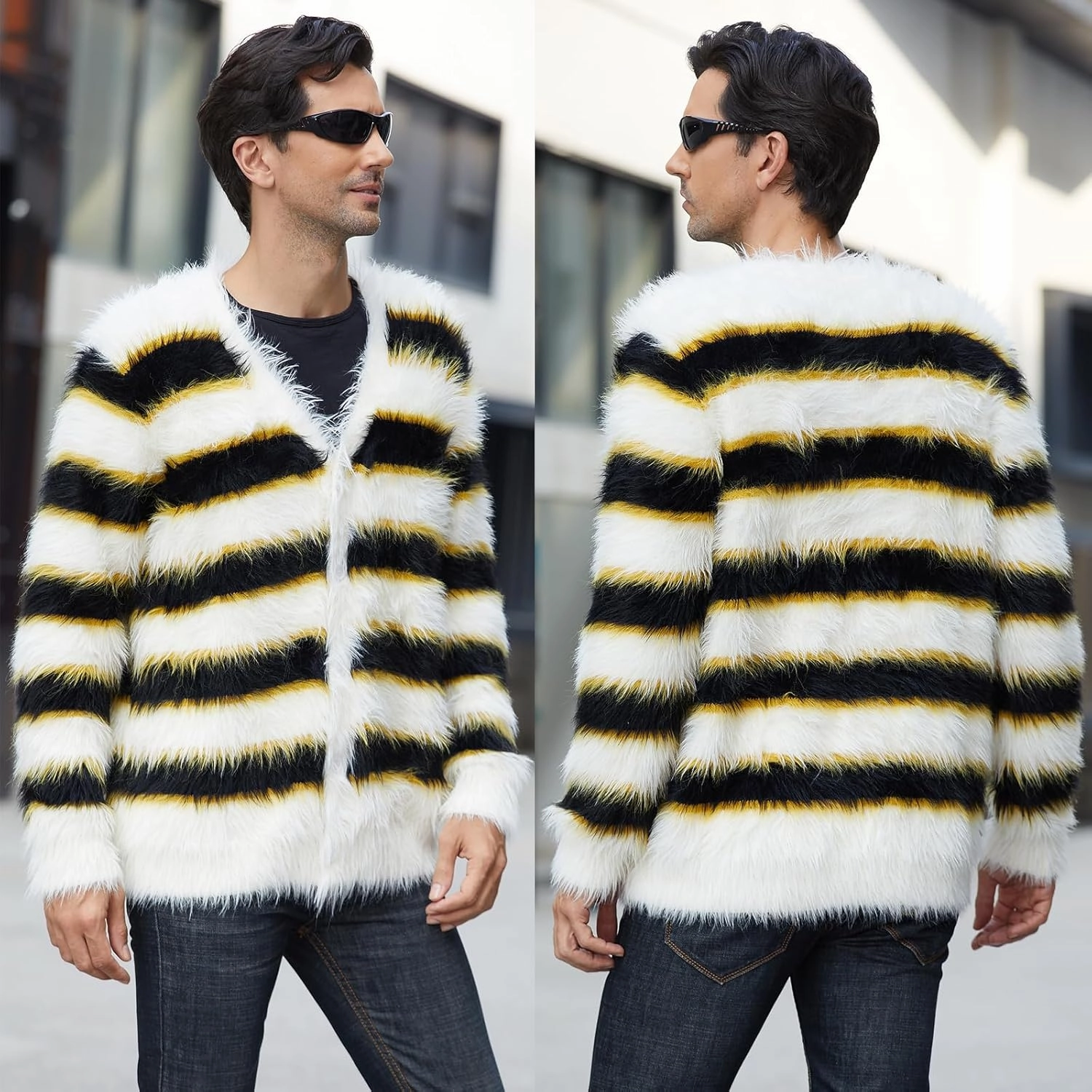SINAR Men's Casual Fuzzy Cardigan Sweater Long Sleeve Soft Striped Knitwear Winter Warm Cardigan Knitted Sweater
