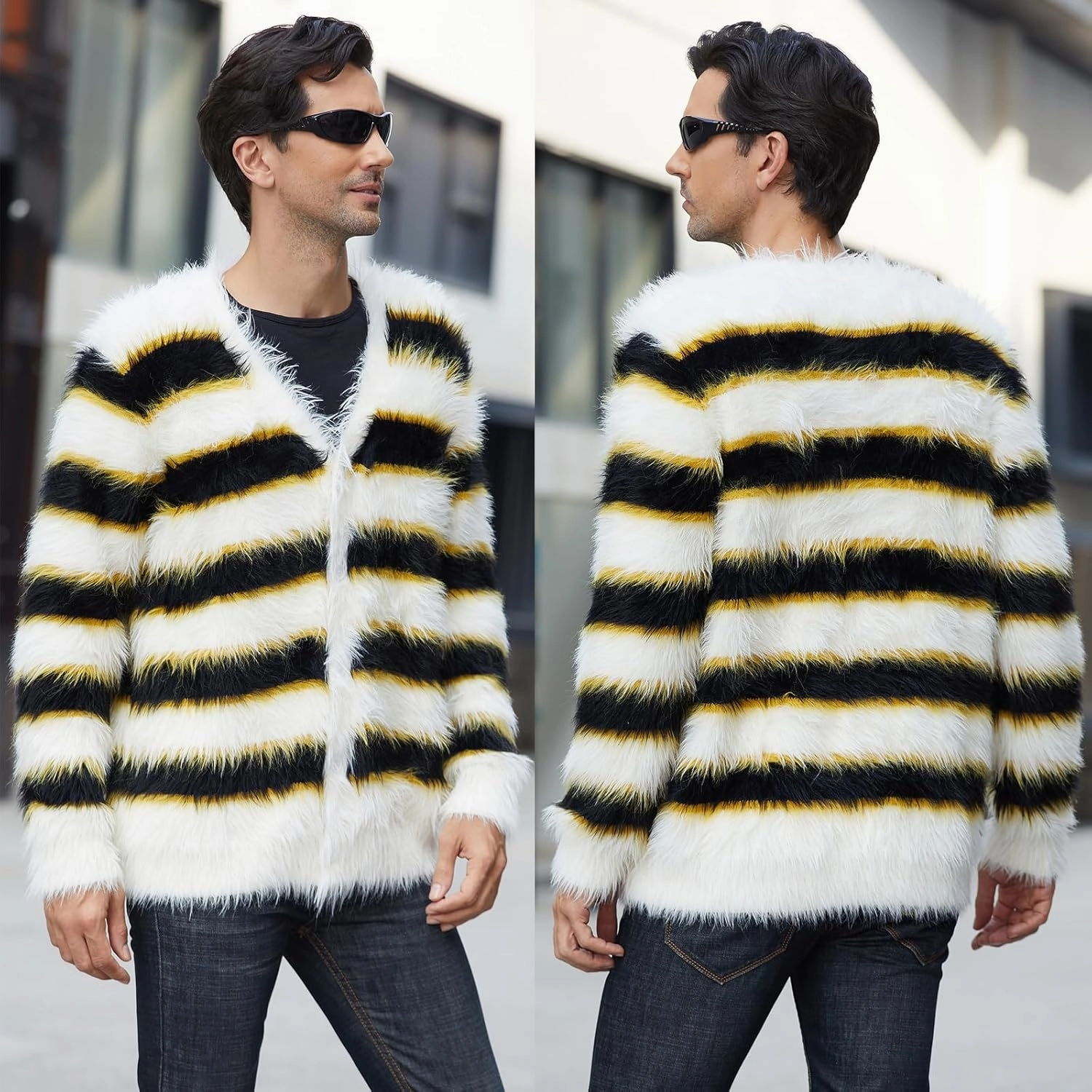 SINAR Men's Casual Fuzzy Cardigan Sweater Long Sleeve Soft Striped Knitwear Winter Warm Cardigan Knitted Sweater