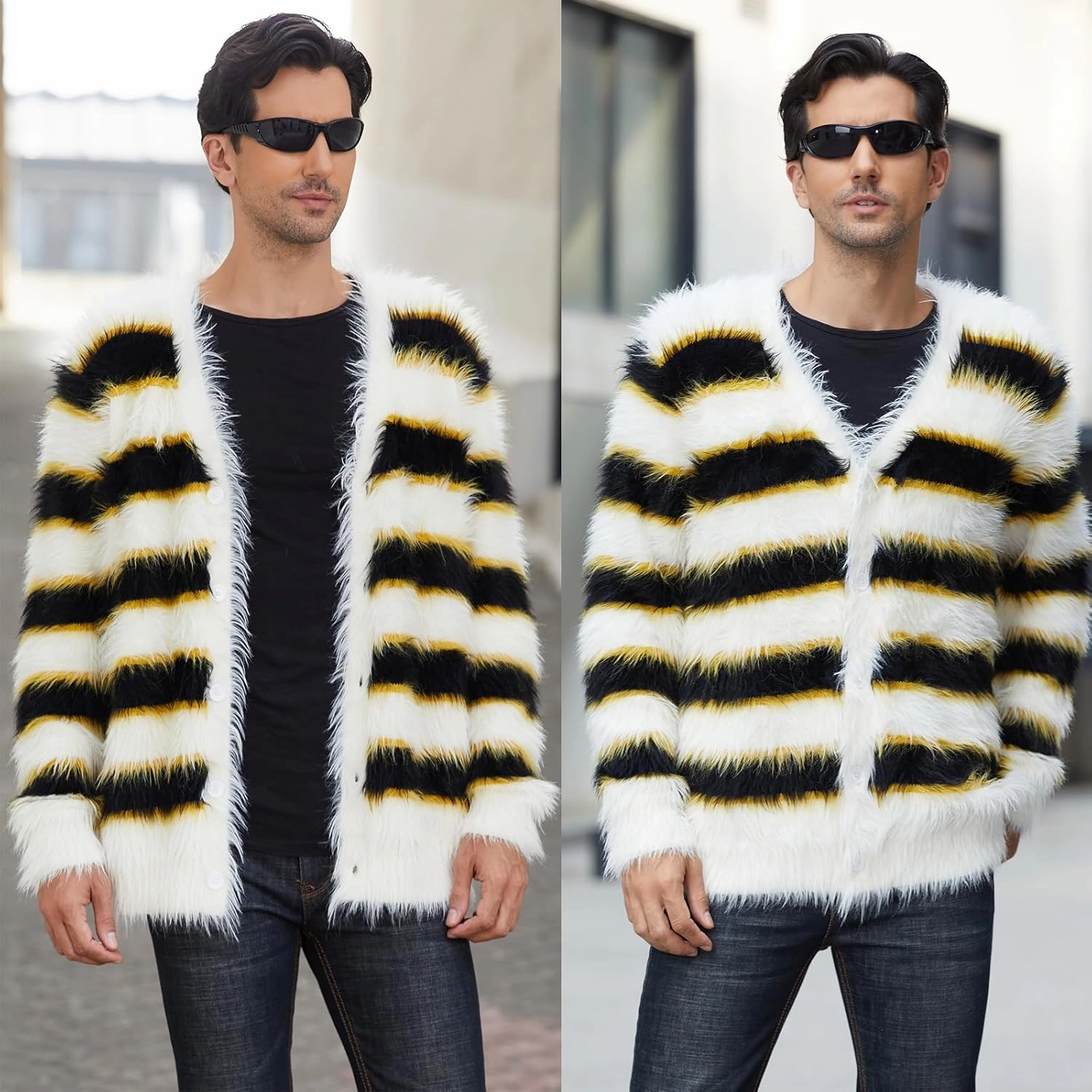 SINAR Men's Casual Fuzzy Cardigan Sweater Long Sleeve Soft Striped Knitwear Winter Warm Cardigan Knitted Sweater