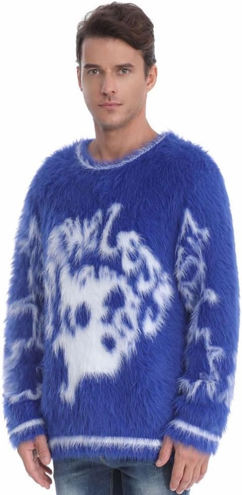 SINAR Men's Casual Fuzzy Pullover Sweater Long Sleeve Soft Knitwear Winter Warm Graphic Knitted Sweater