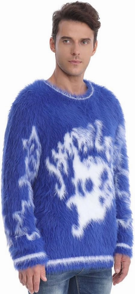 SINAR Men's Casual Fuzzy Pullover Sweater Long Sleeve Soft Knitwear Winter Warm Graphic Knitted Sweater