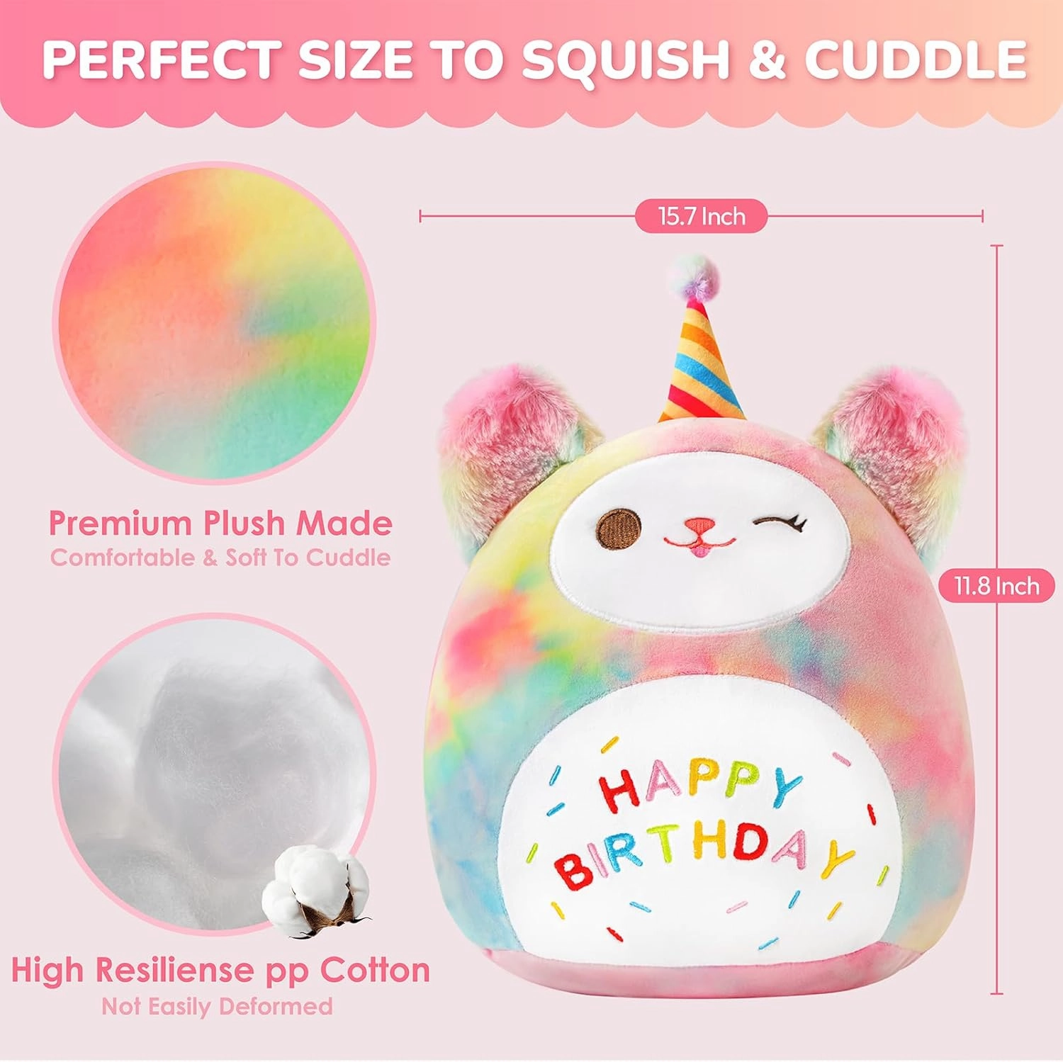 Sioloc 15.7" Rainbow Birthday Cat Plush Pillow - Soft Kitten Stuffed Animal Toy, for Kids, Toddlers, Birthday Decor