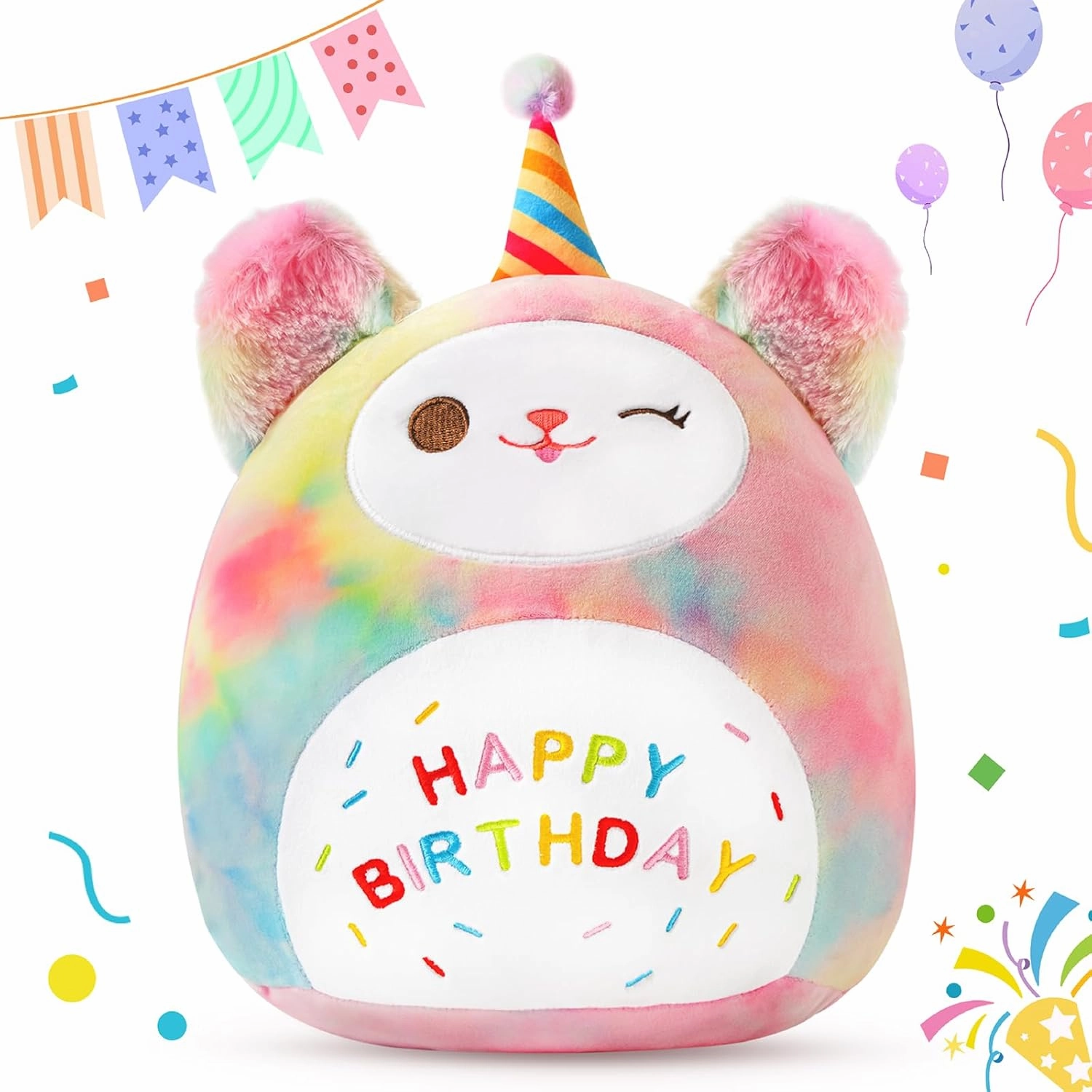 Sioloc 15.7" Rainbow Birthday Cat Plush Pillow - Soft Kitten Stuffed Animal Toy, for Kids, Toddlers, Birthday Decor
