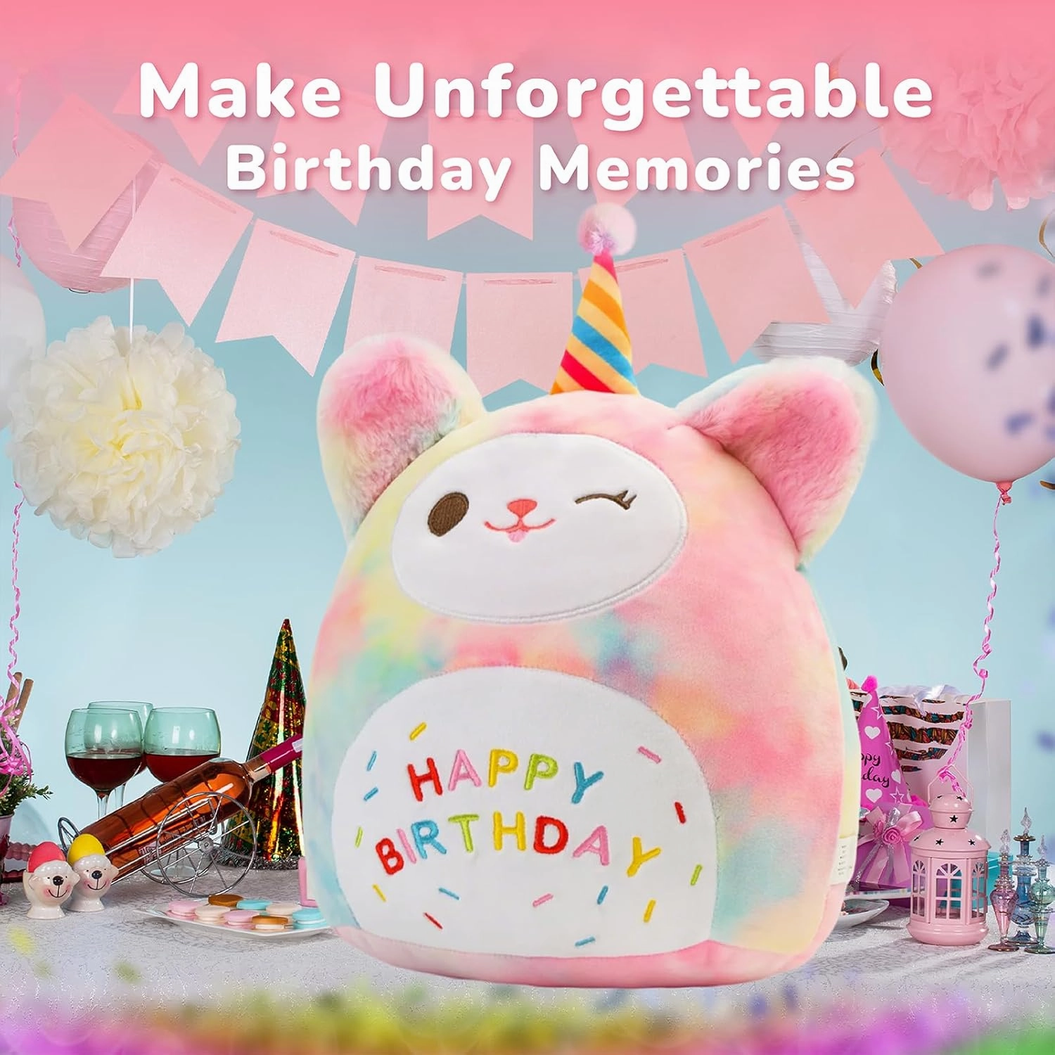 Sioloc 15.7" Rainbow Birthday Cat Plush Pillow - Soft Kitten Stuffed Animal Toy, for Kids, Toddlers, Birthday Decor