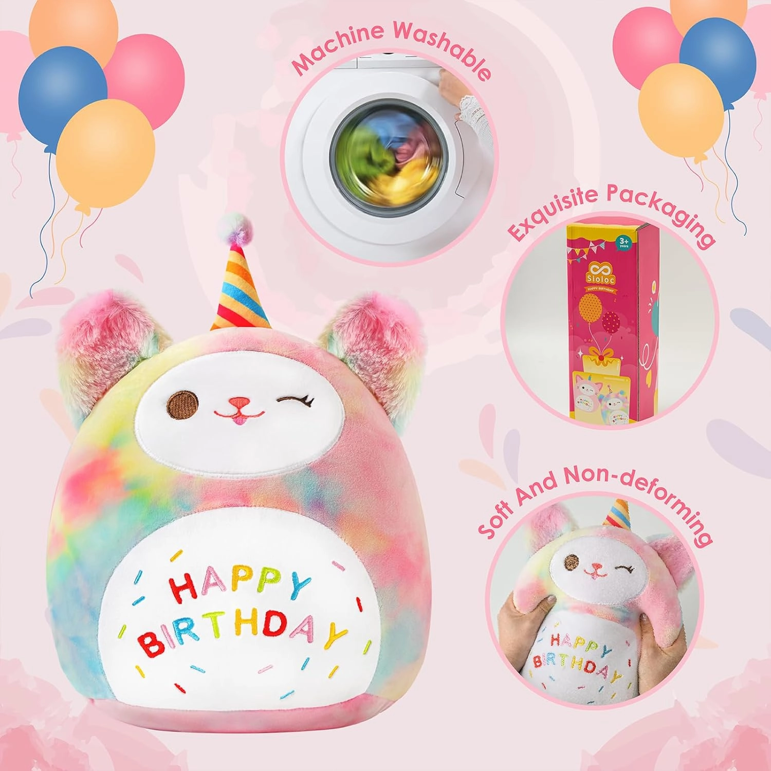 Sioloc 15.7" Rainbow Birthday Cat Plush Pillow - Soft Kitten Stuffed Animal Toy, for Kids, Toddlers, Birthday Decor