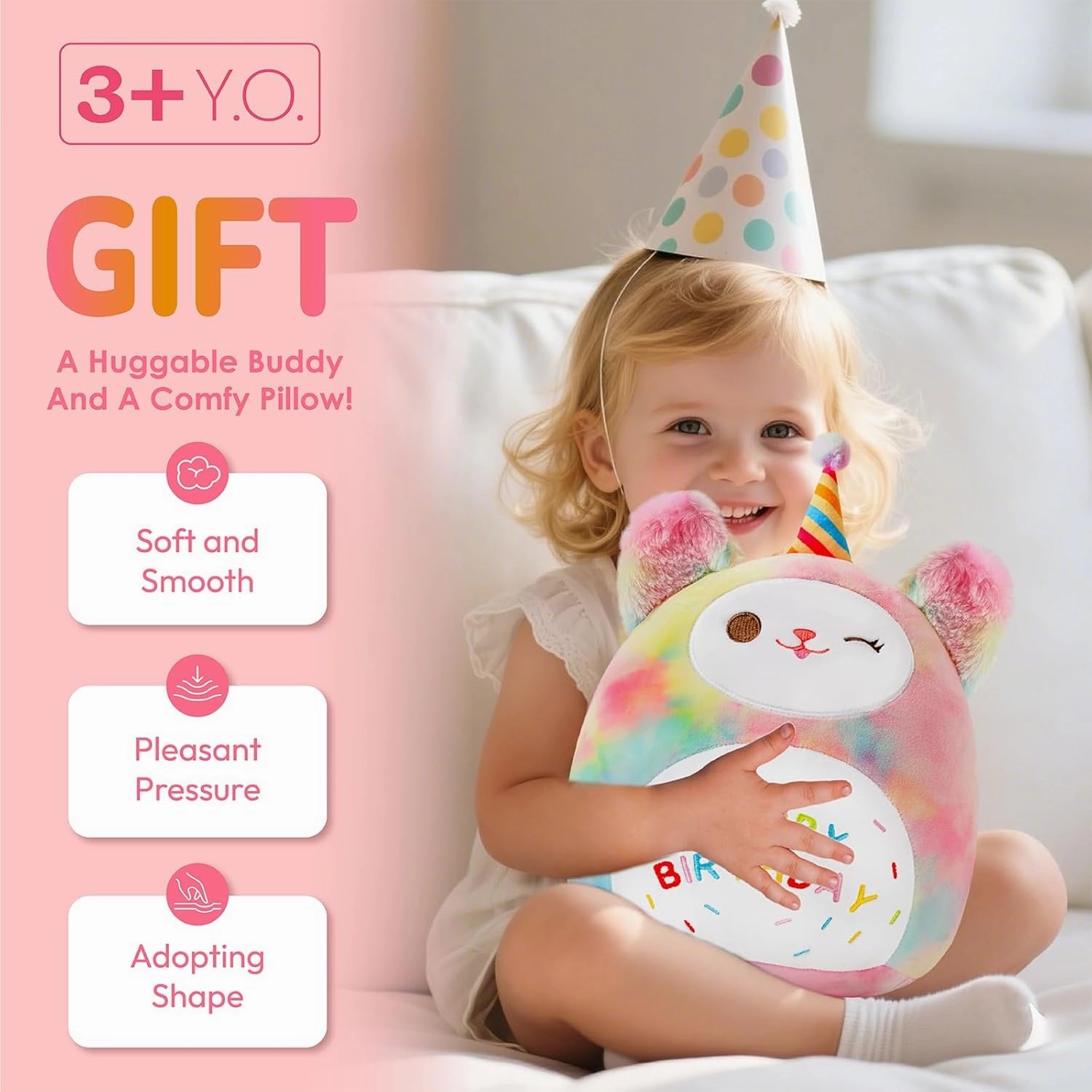 Sioloc 15.7" Rainbow Birthday Cat Plush Pillow - Soft Kitten Stuffed Animal Toy, for Kids, Toddlers, Birthday Decor