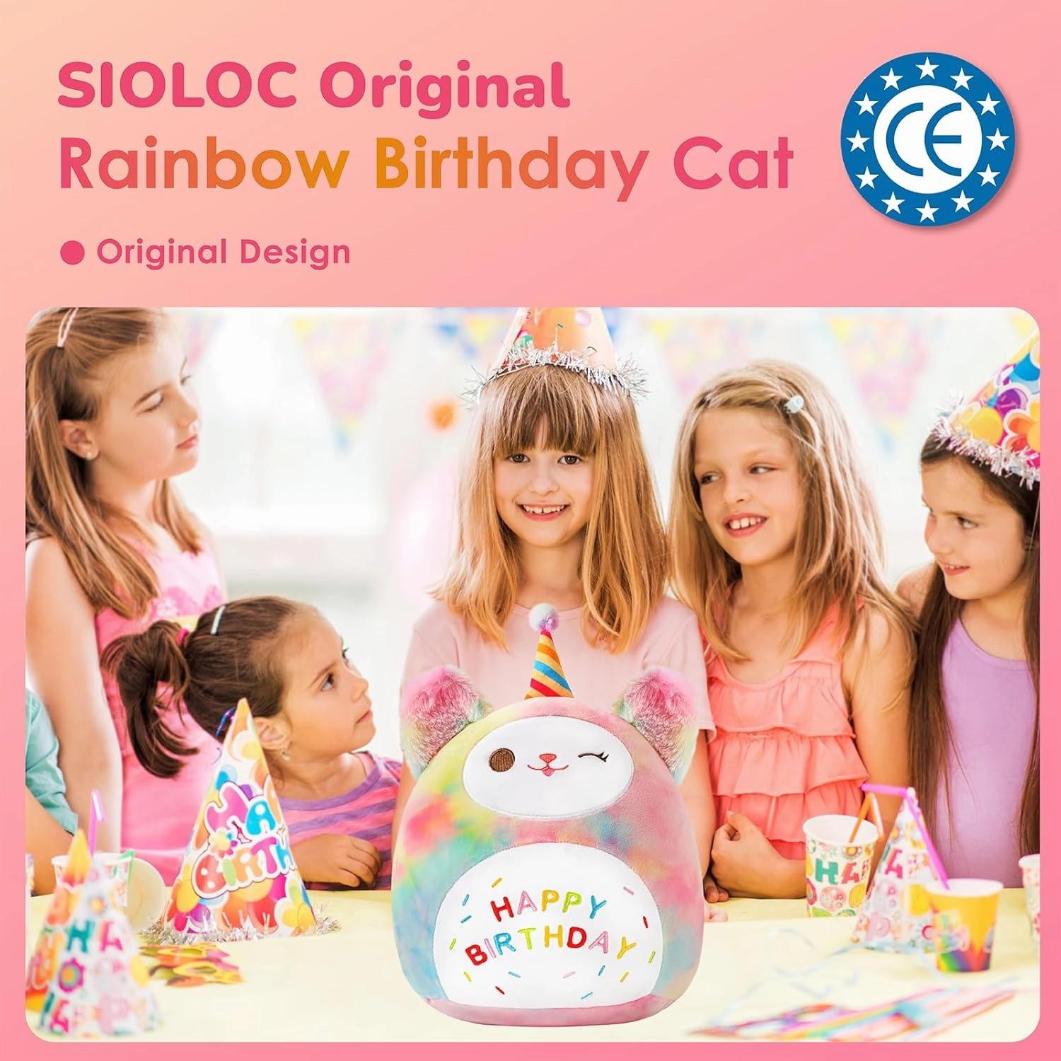 Sioloc 15.7" Rainbow Birthday Cat Plush Pillow - Soft Kitten Stuffed Animal Toy, for Kids, Toddlers, Birthday Decor