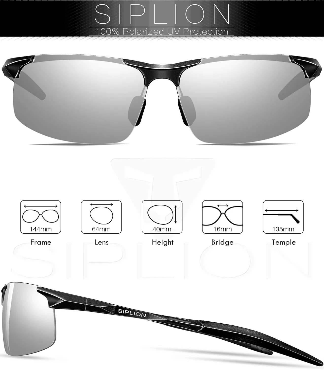 SIPLION Sunglasses Men Polarized for Men's Driving Sport Fishing hiking UV Protection Al-Mg Metal Frame Ultra Light