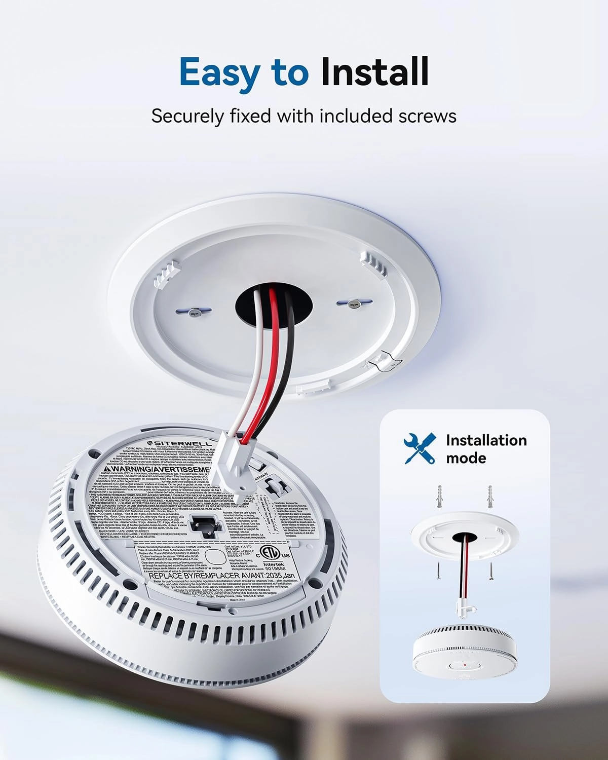 SITERWELL Hardwired Smoke Detector Carbon Monoxide Detector 10 Year Battery, Meets UL217-9th Standards, Interconnected Smoke and Carbon Monoxide Detector Combo with Bilingual Voice Alerts, 1 Pack