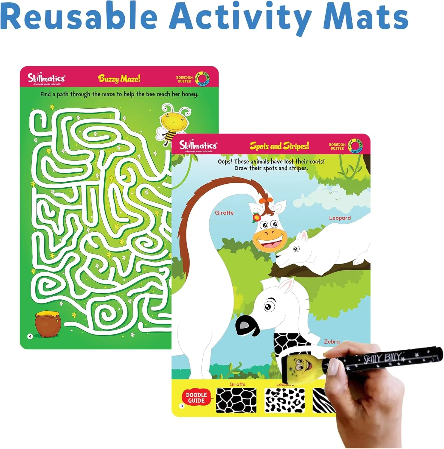 Skillmatics Educational Game - Boredom Buster, Reusable Activity Mats with Dry-Erase Marker, Gifts, Travel Toy for Kids Ages 3, 4, 5, 6