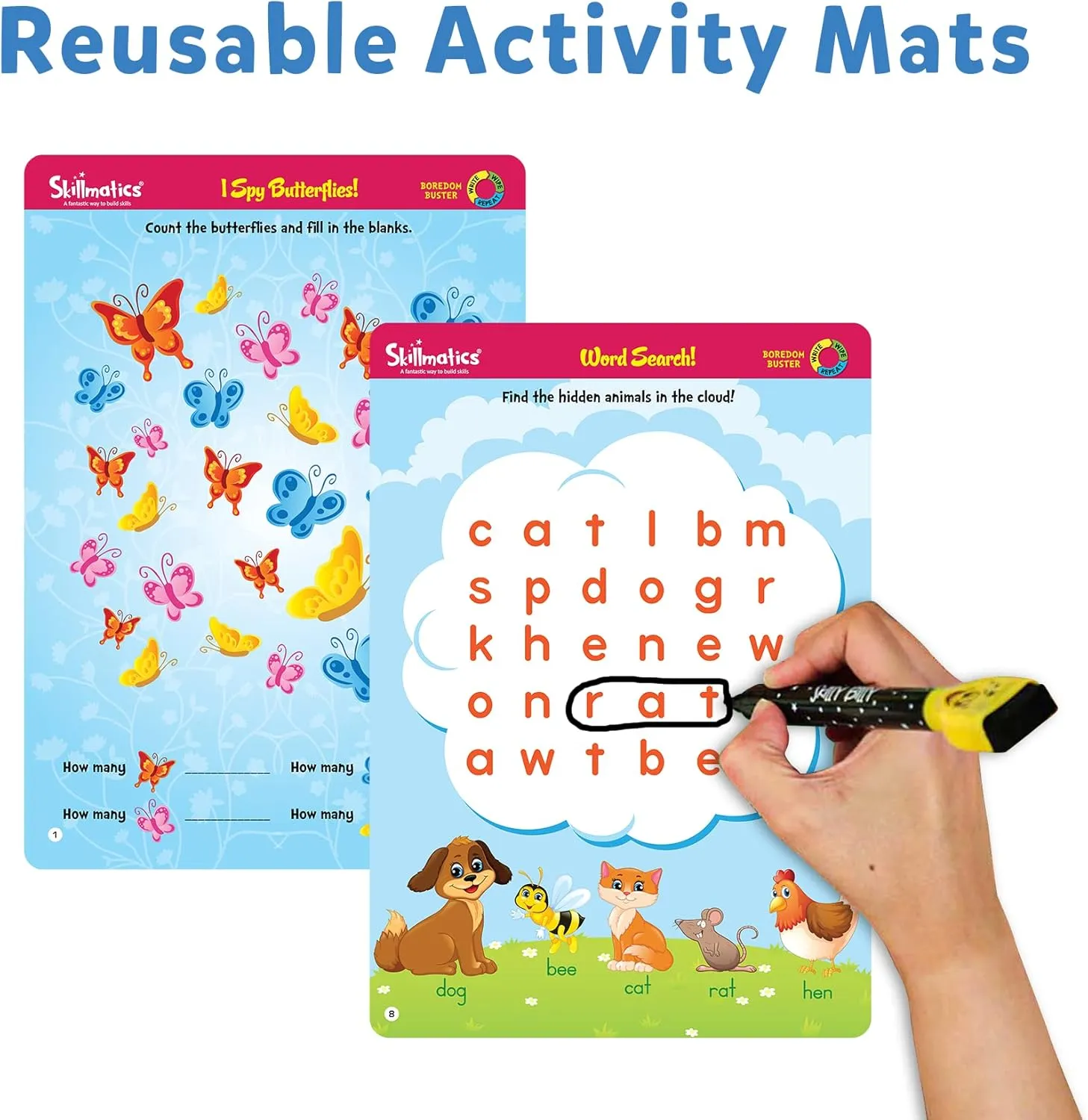 Skillmatics Educational Game - Boredom Buster, Reusable Activity Mats with Dry-Erase Marker, Gifts, Travel Toy for Kids Ages 3, 4, 5, 6