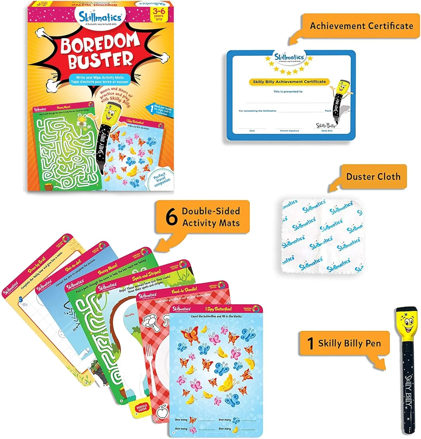 Skillmatics Educational Game - Boredom Buster, Reusable Activity Mats with Dry-Erase Marker, Gifts, Travel Toy for Kids Ages 3, 4, 5, 6