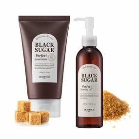 SKINFOOD Black Sugar Perfect Duo – Deep Cleansing & Exfoliating Set | Detoxifying Scrub Foam & Nourishing Cleansing Oil for Smooth, Radiant Skin